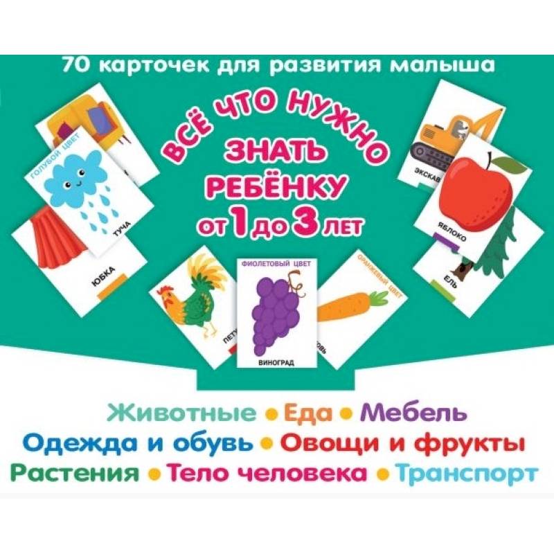 Все, что нужно знать ребенку от 1 до 3 лет.Животные. Еда. Мебель. Одежда и обувь. Овощи в фрукты. Тело человека. Транспорт. 70 карточек для развития малыша Все, что нужно знать ребенку от 1 до 3 лет.Животные. Еда. Мебель. Одежда и обувь. Овощи в фрукты. Тело человека. Транспорт. 70 карточек для развития малыша
