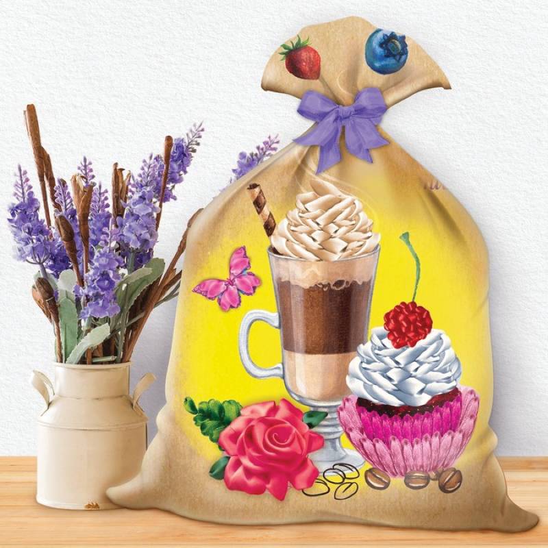 Вышивка лентами на мешочке 'Приятного чаепития', 35x25 см