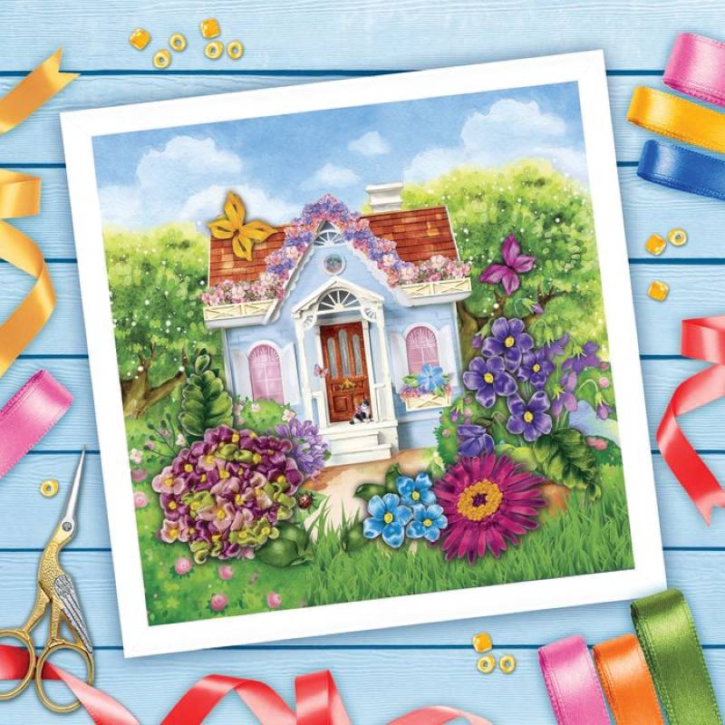 Вышивка лентами 'Домик', 35x35 см Вышивка лентами 'Домик', 35x35 см