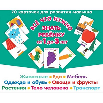 Все, что нужно знать ребенку от 1 до 3 лет.Животные. Еда. Мебель. Одежда и обувь. Овощи в фрукты. Тело человека. Транспорт. 70 карточек для развития малыша Все, что нужно знать ребенку от 1 до 3 лет.Животные. Еда. Мебель. Одежда и обувь. Овощи в фрукты. Тело человека. Транспорт. 70 карточек для развития малыша