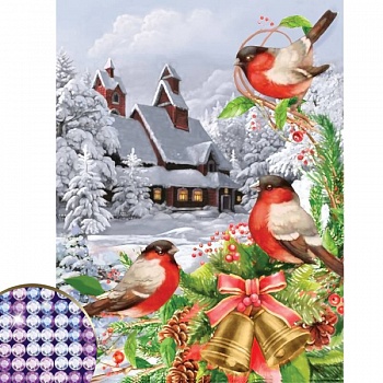 Алмазная вышивка с частичным заполнением «Снегири» 30x40 см, холст, ёмкость Алмазная вышивка с частичным заполнением «Снегири» 30x40 см, холст, ёмкость